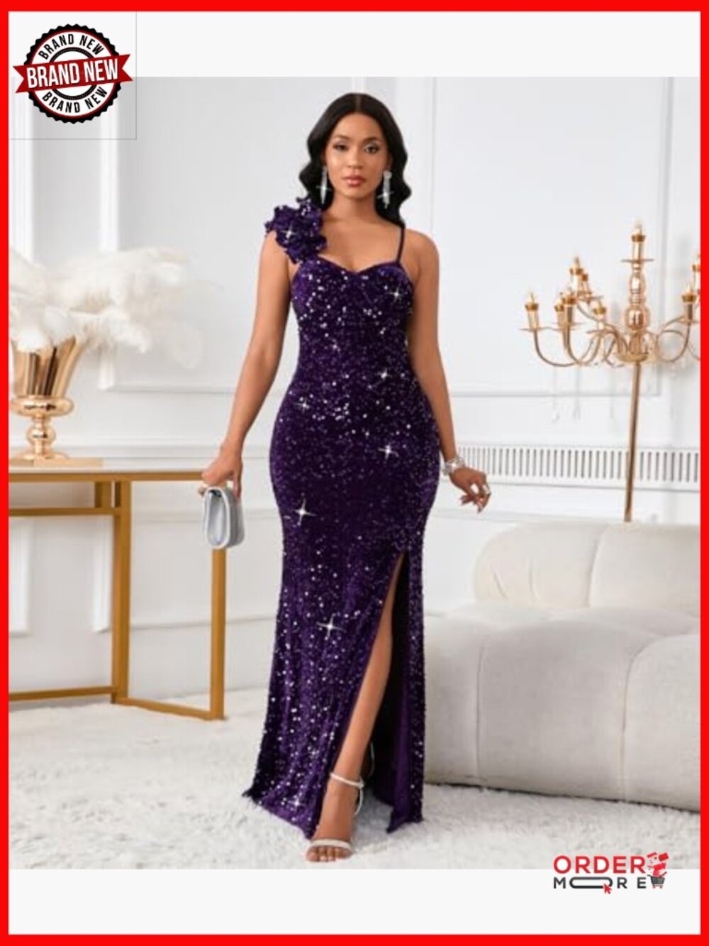Elegant Sequin Mermaid Bodycon Maxi Dress with Ruffled Hem - Picture 2 of 7